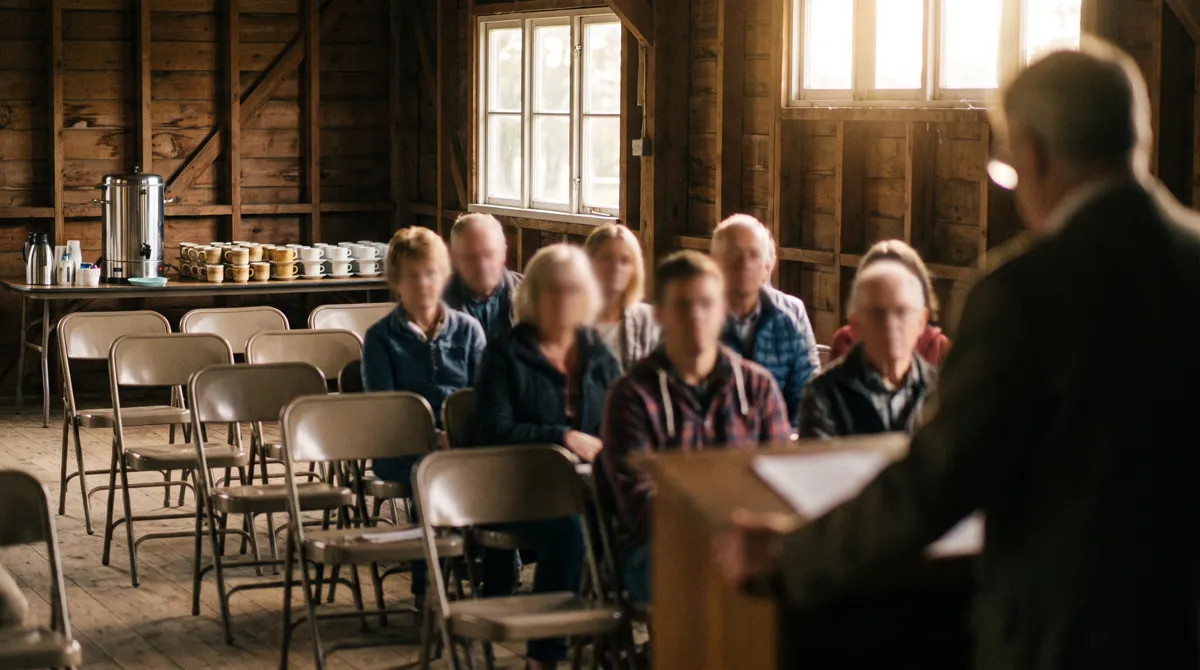Rows of folding chairs in a timber-lined village hall, a tea urn on a trestle table at the back, members seated and a speaker at a lectern in the foreground.
