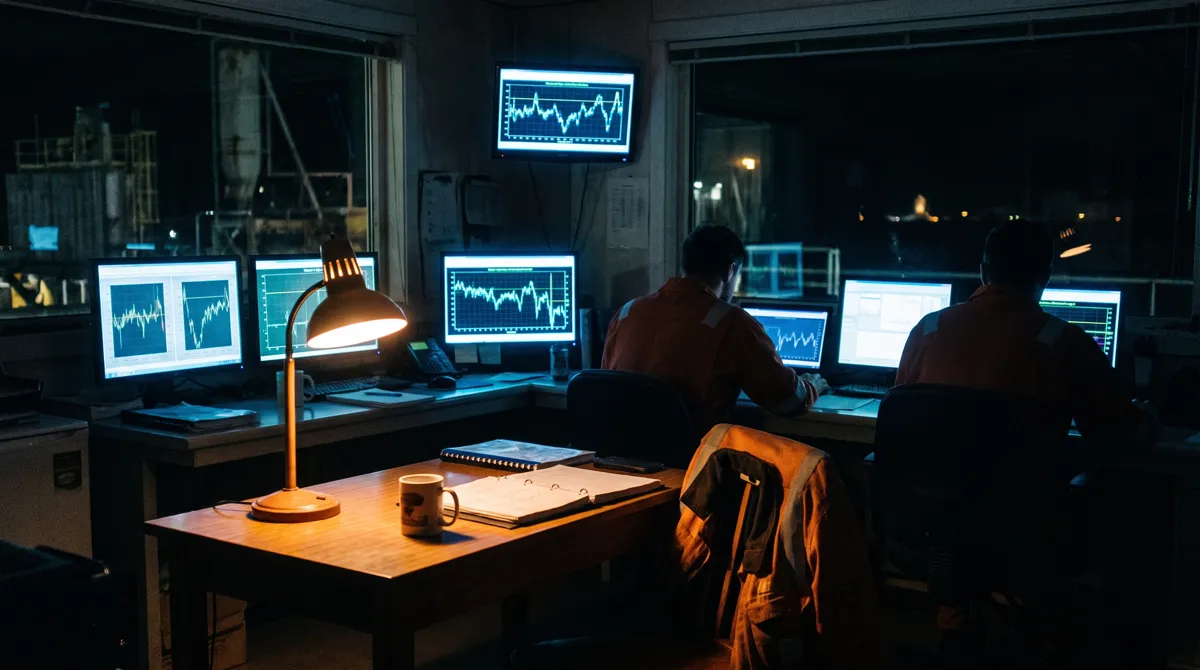A small control room at night: several monitors showing line charts, a warm desk lamp on a wooden desk, two operators seen from behind.