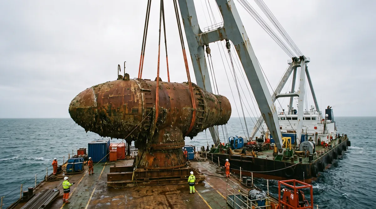 A large rusted turbine nacelle in lifting slings above a barge deck, with a crane barge alongside and crew in orange overalls for scale.